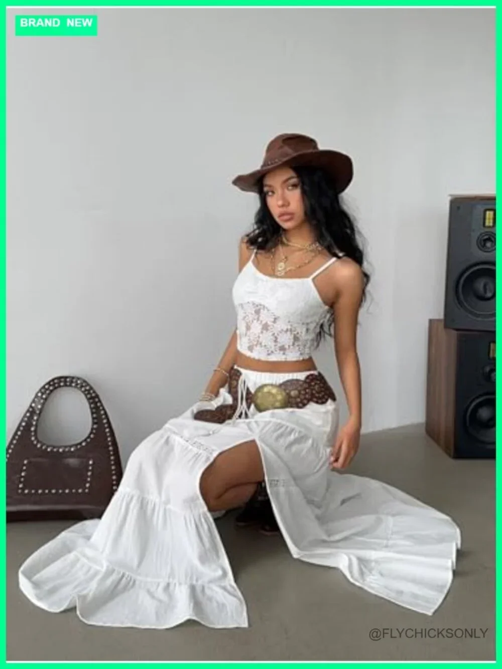 Boho Western Maxi Skirt with Lace Trim High Slit Layered Ruffle